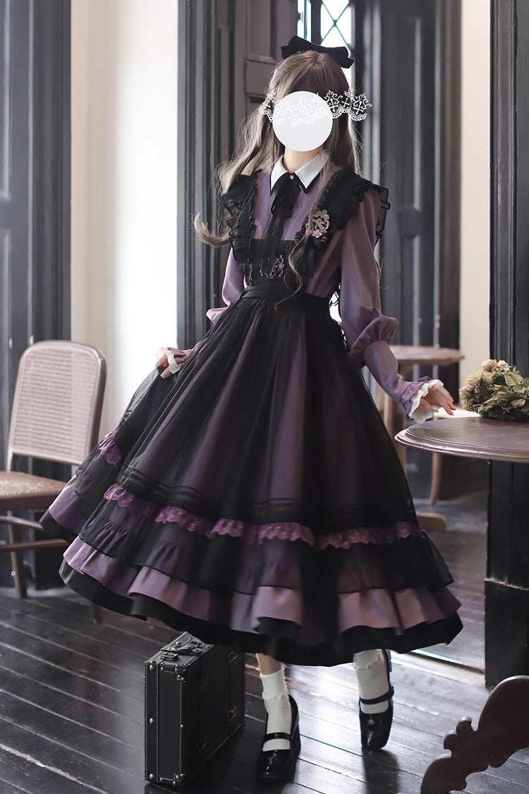 Black Witch Academy Double-Layered Ruffle Embroidery Bowknot Mesh Sweet Elegant Lolita Jumper Dress