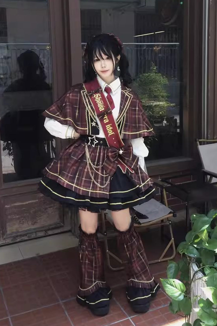 Red Shōwa Little Idol Lapel Collar Long Sleeves Ruffled Open-Front Bow Asymmetric Classic Lolita Skirt Set