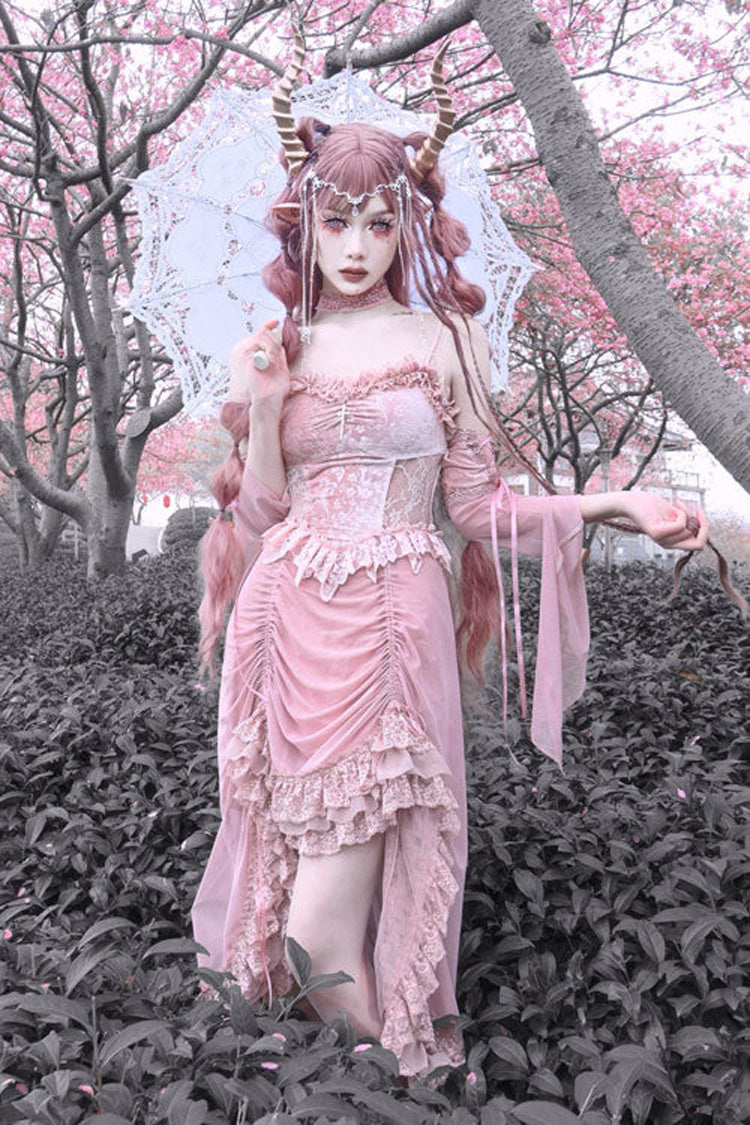 Pink Cherry Nightmare V Collar High Waisted Gothic Lolita JSK Dress