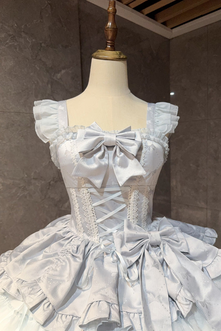 Blue Misty Mountain Veil Sleeveless Multi-Layered Ruffled Bow Lace Sweet Princess Ballet Lolita Jsk Dress