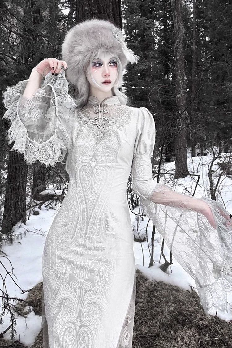 Silver The Call of the Snow Country V Collar Long Sleeves High Waisted Ruffle Lace Gothic Lolita Fishtail Dress