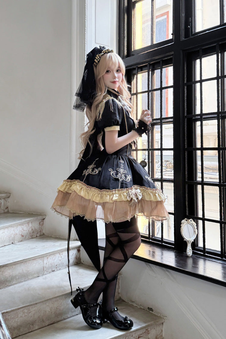 Black Gilded Oath Short Sleeves Double-Layered Ruffle Embroidery Bowknot Gothic Lolita Dress