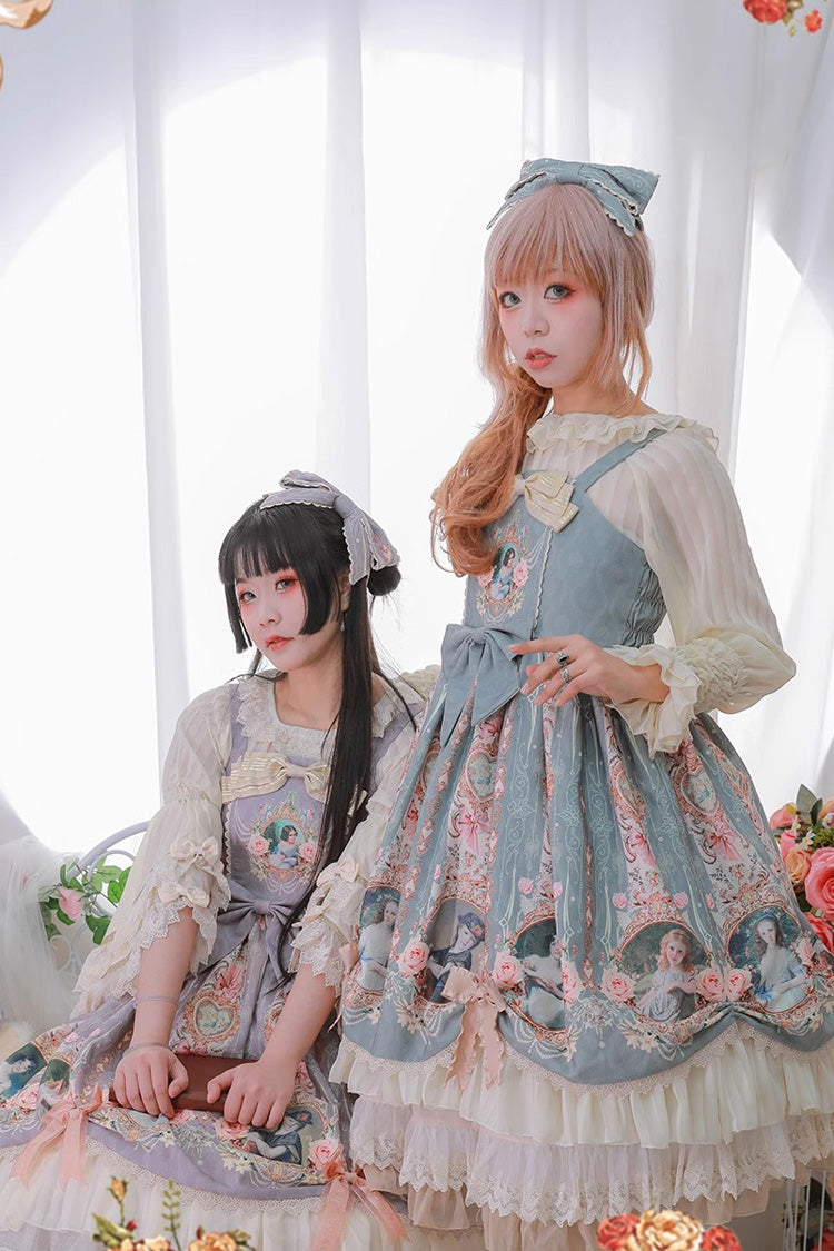 Portrait of A Little Lady Print Ruffle Bowknot Lace Classic Vintage Elegant Lolita Jsk Dress 3 Colors