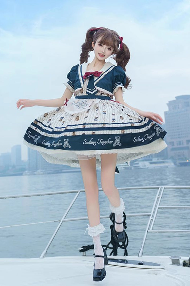Blue/White Bear Print Navy Ruffle Bowknot Sweet Princess Lolita Jsk Dress