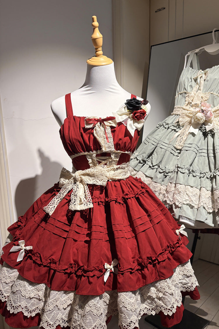 Red Vivian Off Shoulder Short Sleeves Ruffle Bowknot Lace Sweet Princess Lolita Dress
