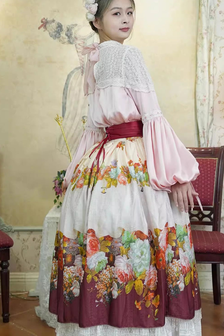 Red Rainy Season Garden Print Ruffle Sweet Classic Lolita Skirt