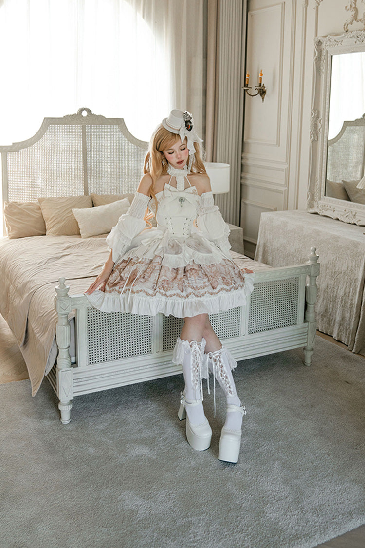 White The Mystery of The Doll Halterneck Print Ruffle Bowknot Drawstring Gothic Lolita Dress