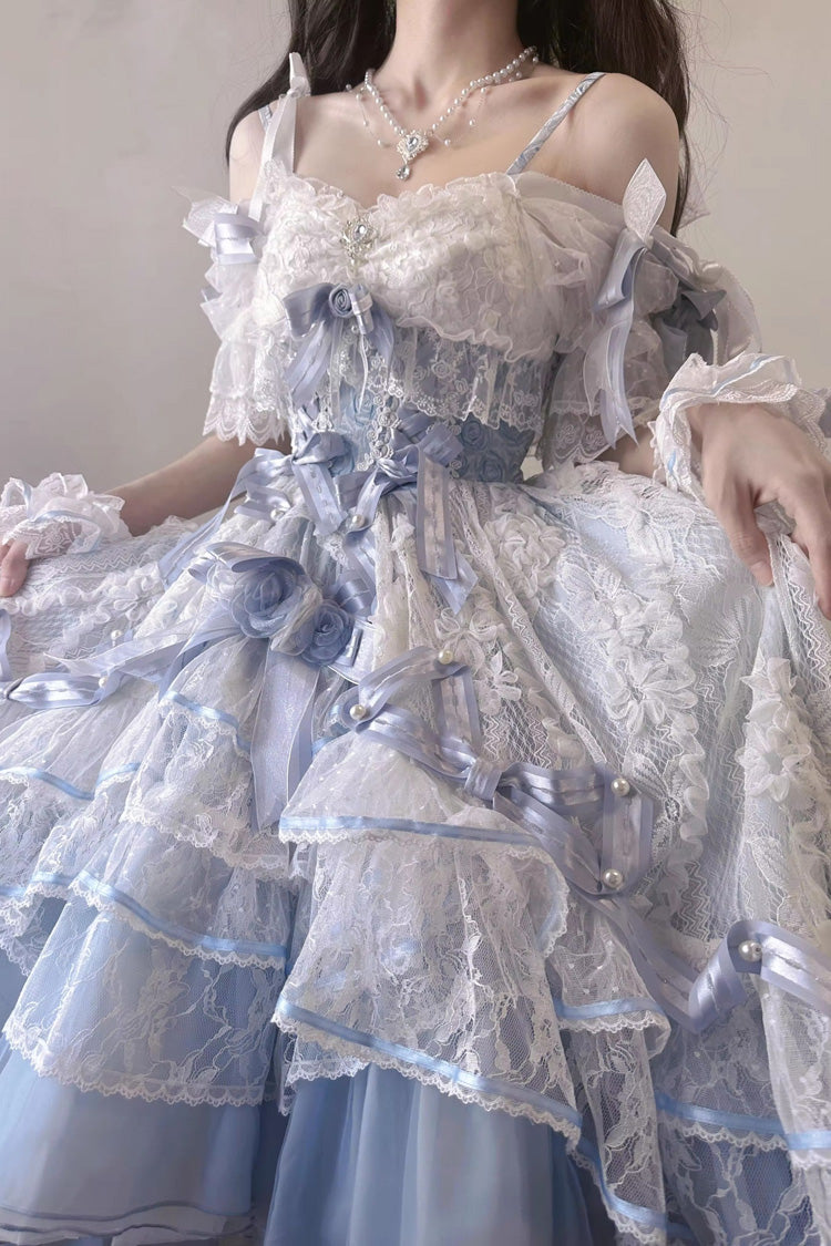 Blue Diane Rose Short Sleeves Multi-Layered Jacquard Ruffle Hanayome Cardigan Bowknot Lace Sweet Lolita Dress