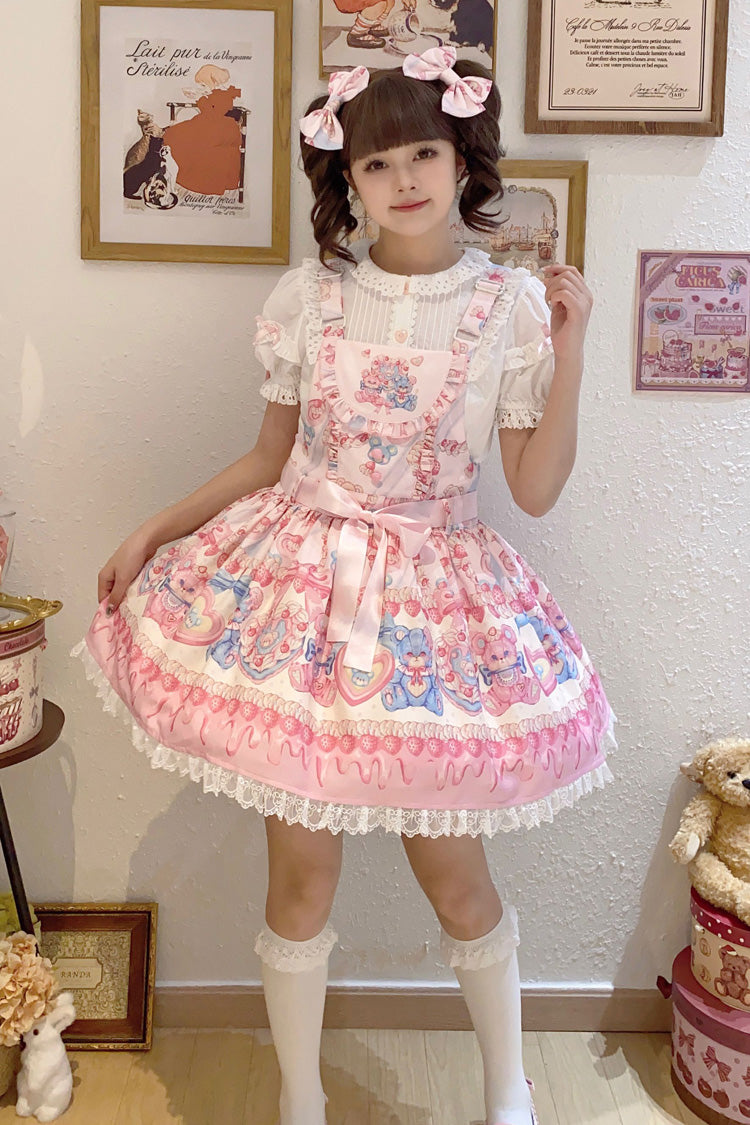 Milky Berry Bear Print Pink Bowknot Stitching Lace Sweet Lolita Strap Dress