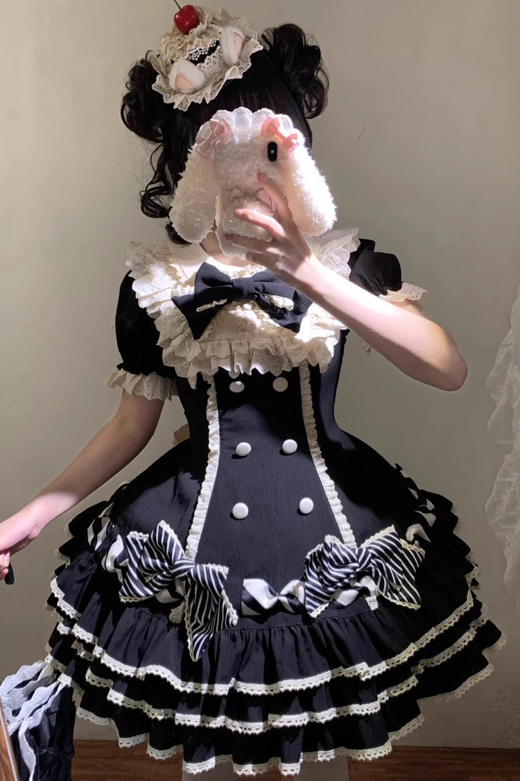 Black Striped Layered Short Sleeves Multi-Layered Ruffle Bowknot Sweet Princess Lolita Tiered Dress