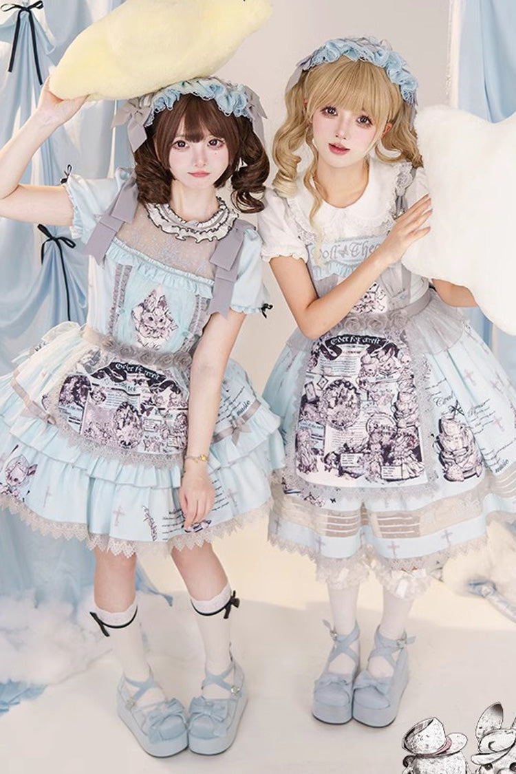 Light Blue Doll Theater Print Ruffle Lace Sweet Lolita Jsk Dress