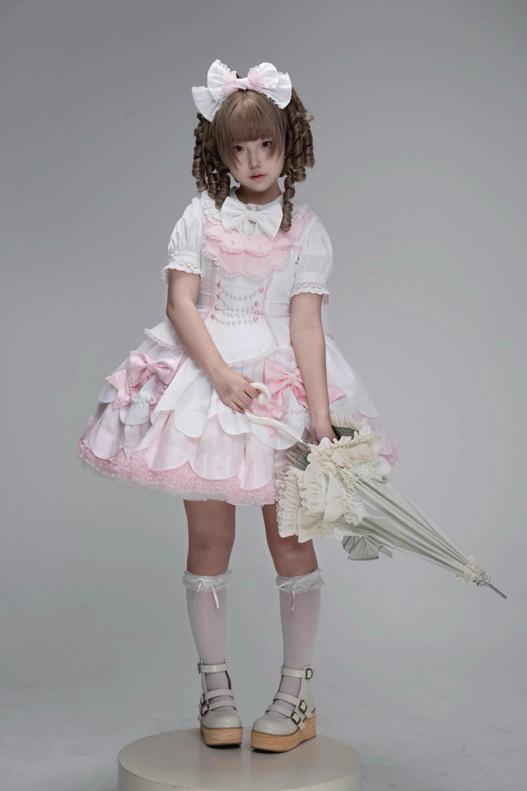 White/Pink Sleeveless Multi-Layered Ruffle Bowknot Lace Pearl Sweet Lolita Jsk Dress