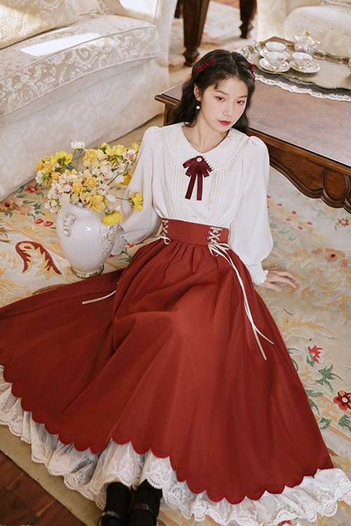 Solid Color High Waisted Lace Wave Hem Two Pieces Classic Lolita Dress