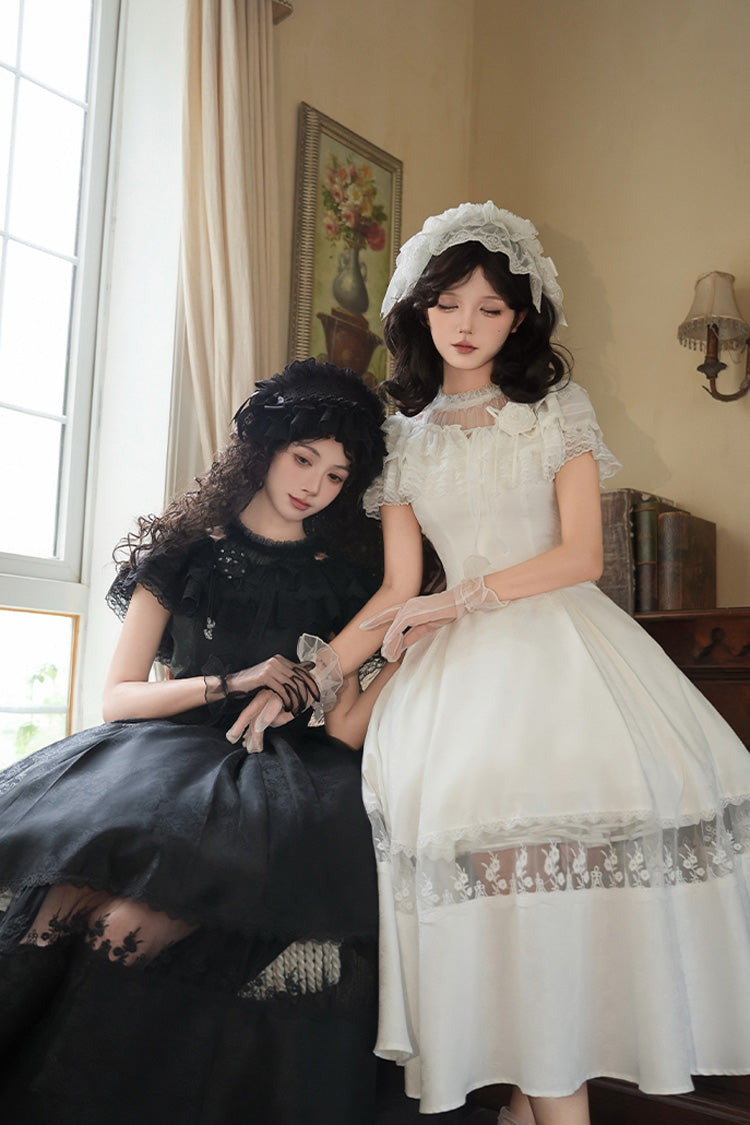 White Flowers in the Mist Off Shoulder Halterneck Print Ruffle Gothic Elegant Lolita Dress