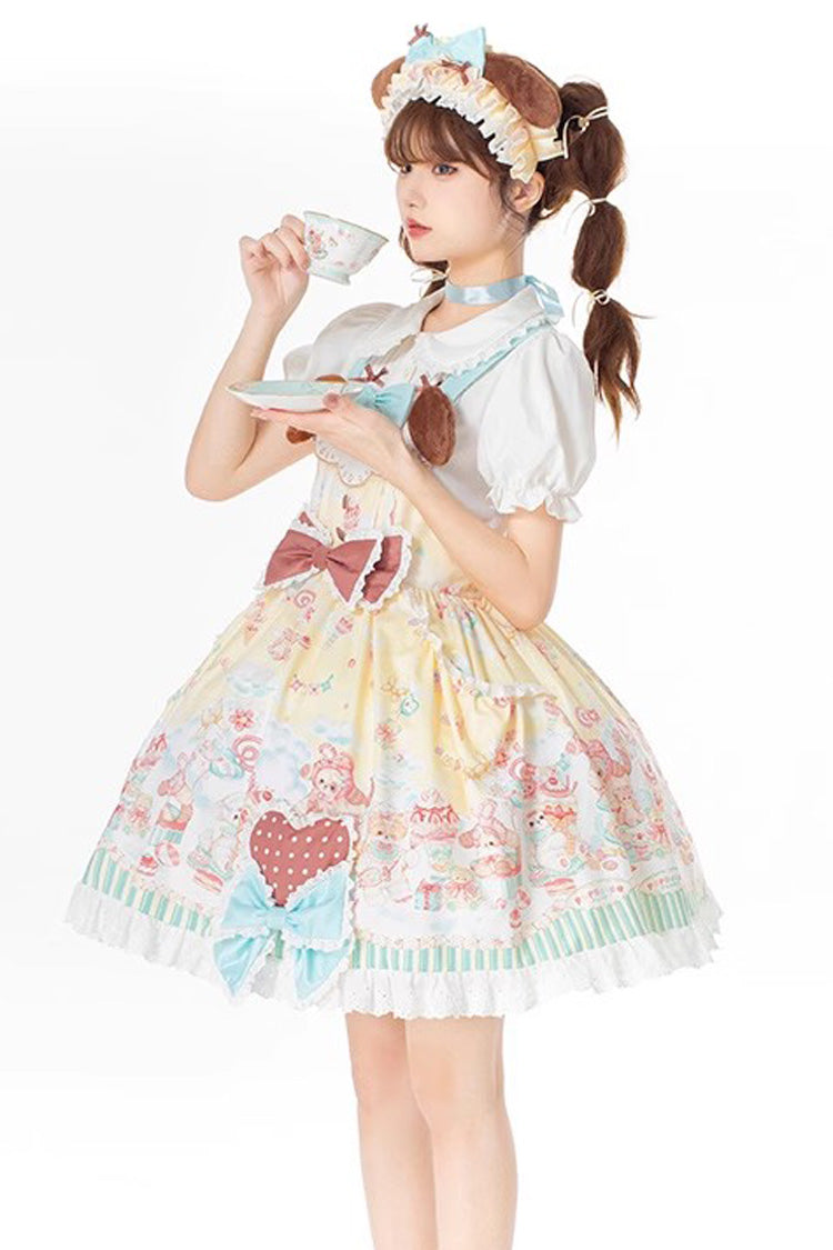 Multi-Color Sweet Pet Paradise Print Ruffle Bowknot Vintage Lolita Strap Dress