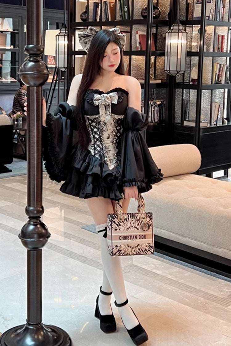 Black Gentle Treasure Print Ruffle Embroidery Bowknot Gothic Princess Lolita Strapless Dress