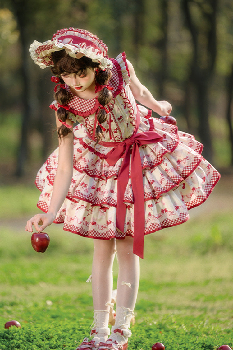 Red Triple-Layered Cherries Are Ripe Print Ruffle Sweet Lolita Skirt Set