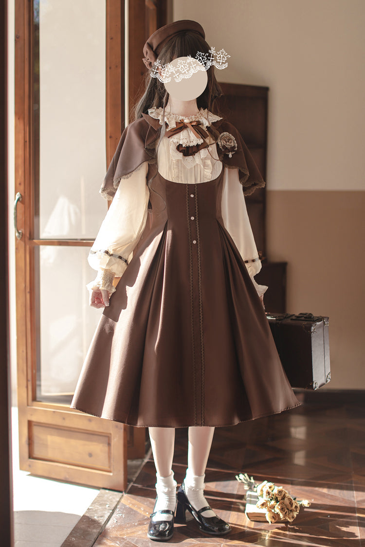 Brown/White Sunset Academy Long Sleeves Ruffle Bowknot Fake Two Pieces Vintage College Style Elegant Lolita Dress