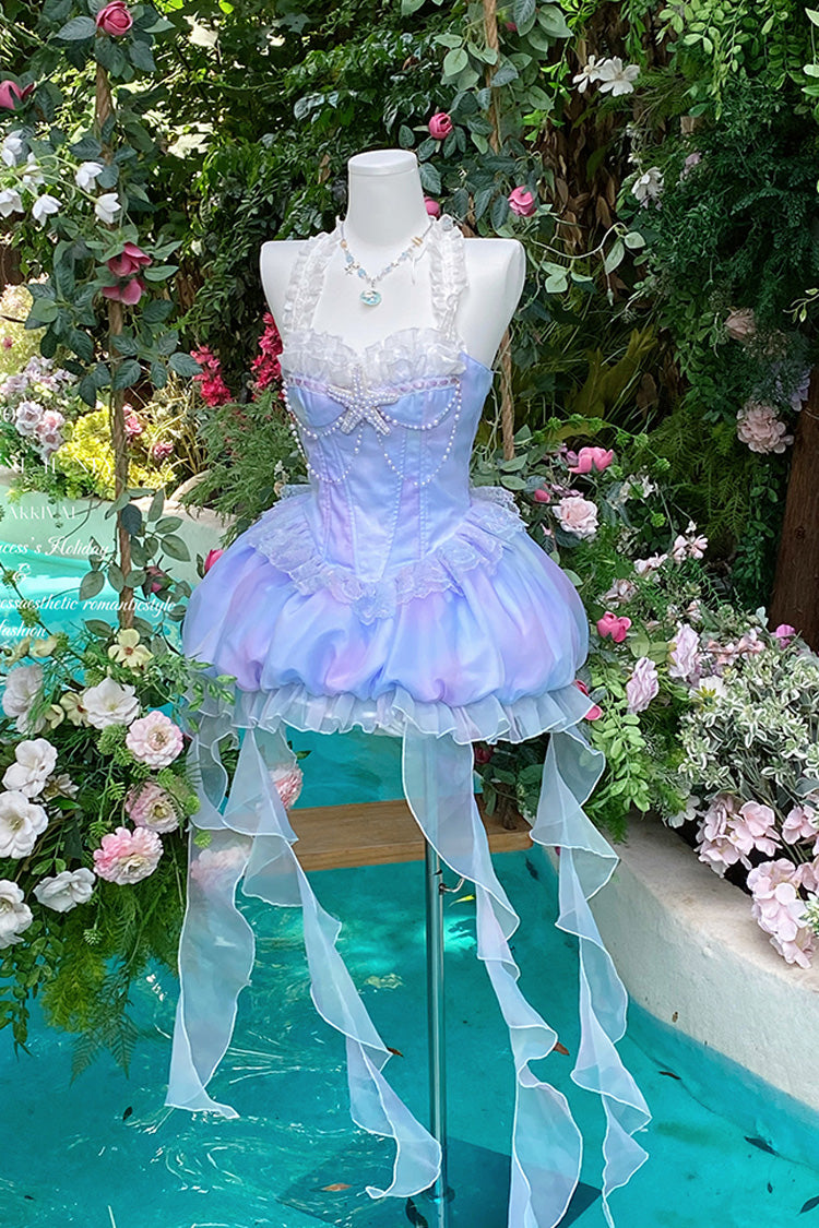 Blue Starlight Jellyfish Princess Halterneck Sleeveless Ruffle Lace Sweet Lolita Jsk Dress