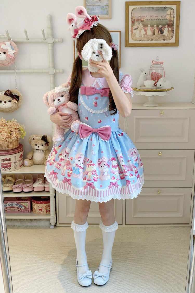 Blue/Pink Cupid Bunny Printed Sleeveless Bow Sweet Princess Lolita Strap Dress