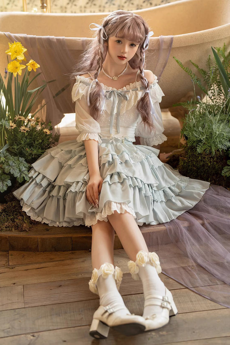Light Blue Rose Multi-layer Ruffle Princess Sweet Lolita Skirt
