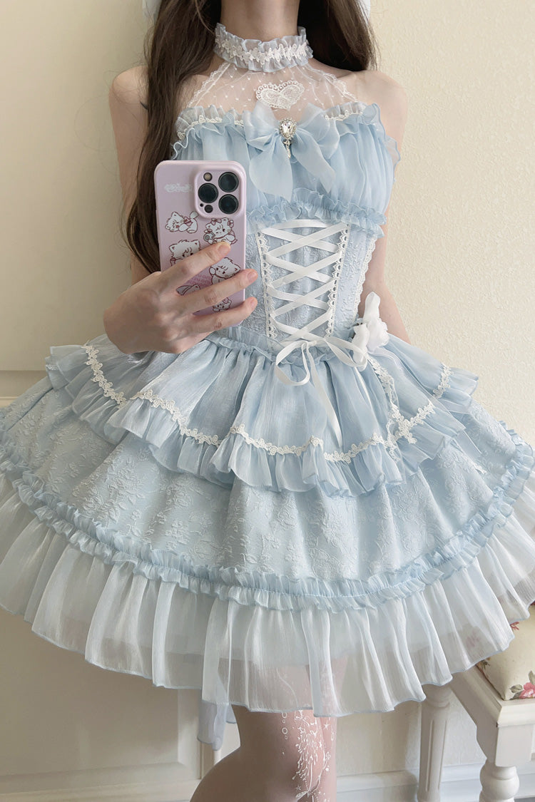 Light Blue Halterneck Triple-Layered Bowknot Lace Sweet Lolita Jsk Dress