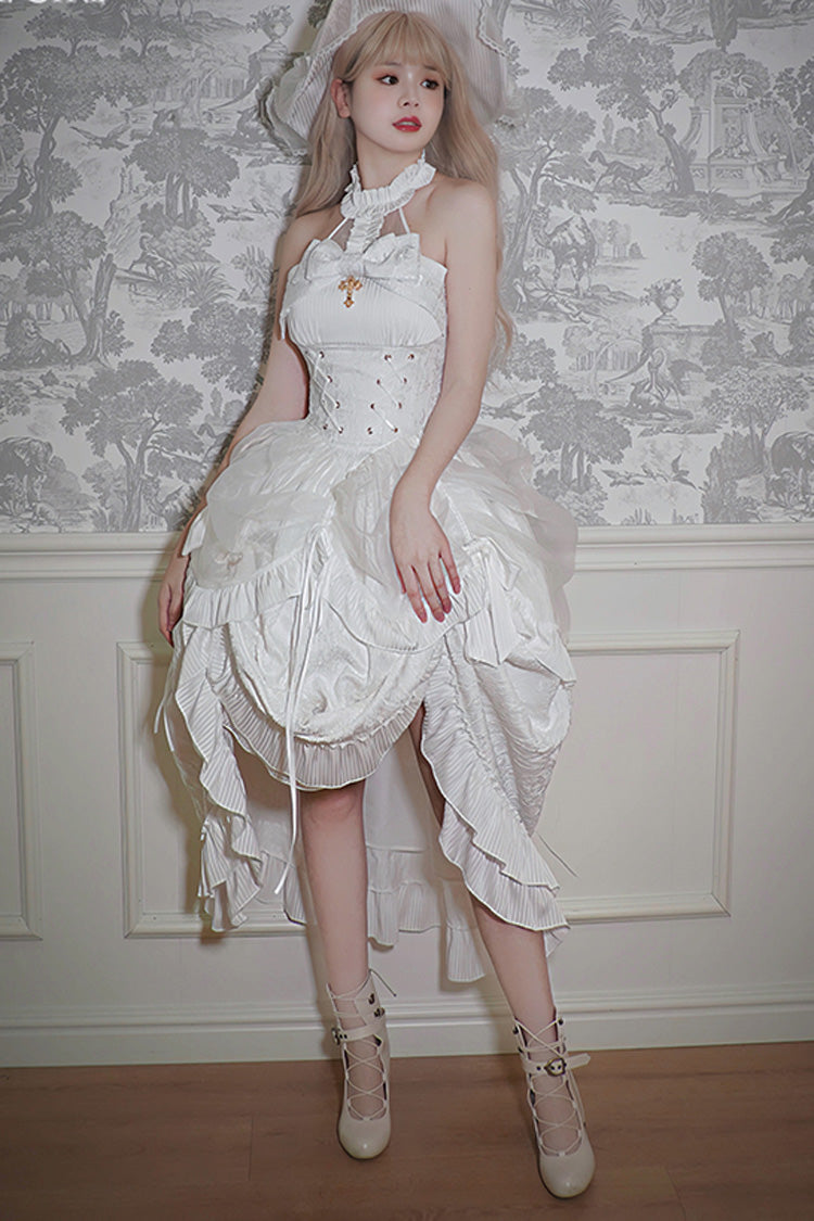 Solid Color The Mystery of The Doll Halterneck Ruffle Bowknot Drawstring Gothic Lolita Dress 4 Colors