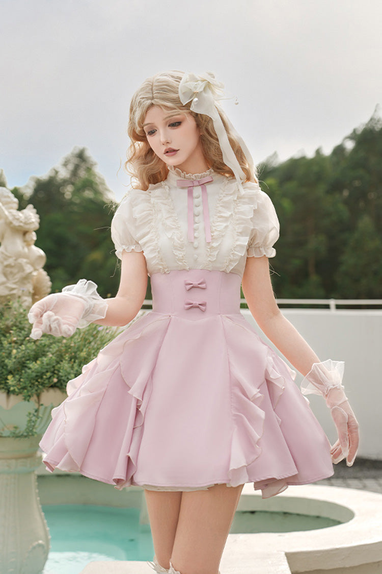 Pink/Apricot Miss Lola Stand Collar Short Sleeves Ruffle Bowknot Sweet Lolita Dress