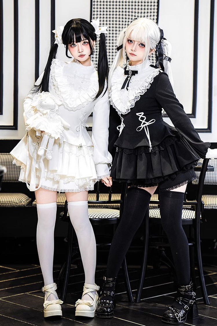White Long Sleeves Ruffle Lace-Up Sweet Handsome Lolita Dress