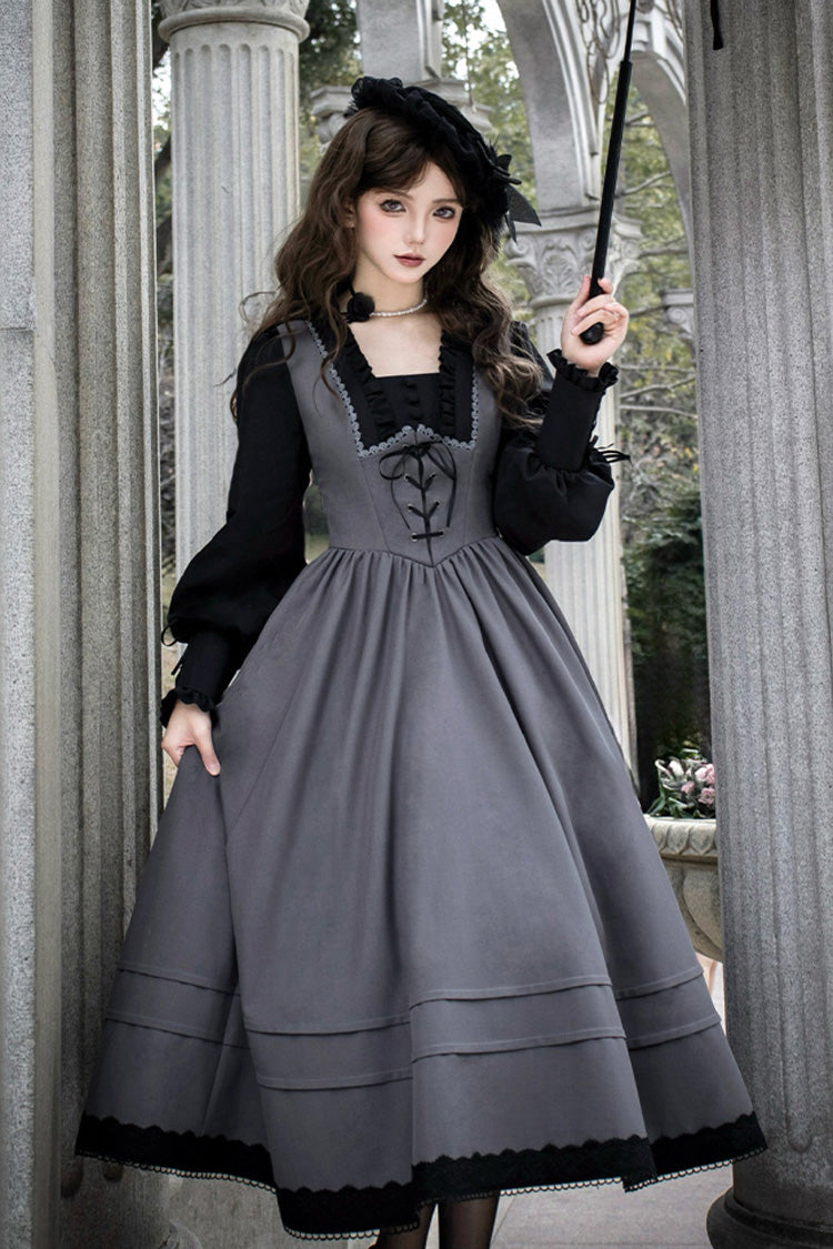Grey Mist Chronicle Square Collar Long Sleeves Bowknot Lace-Up Color-Block Fake Two Pieces Classic Lolita Dress