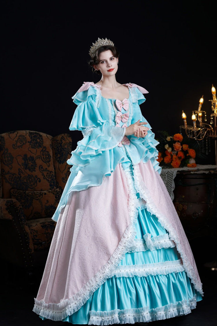 Blue/Pink Square Collar Long Trumpet Sleeves Triple-Layered Ruffled Open-Front Bow Classic Vintage Palace Lolita Victorian Dress