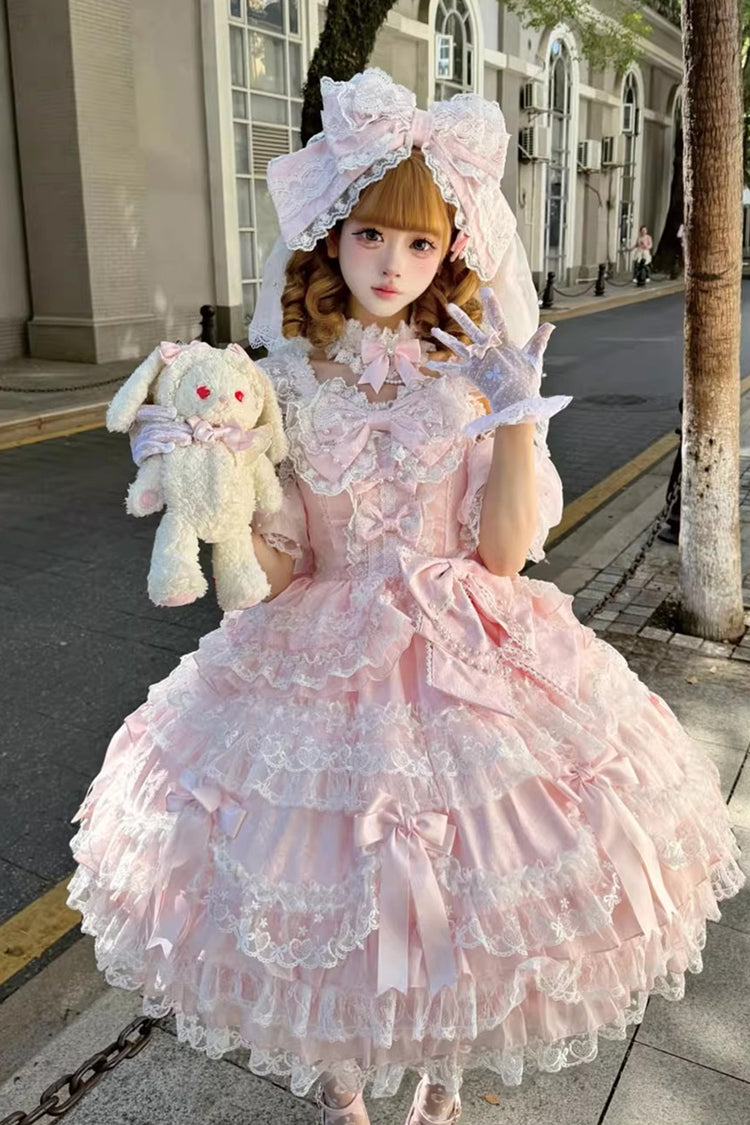 Pink Dream of the Misty Moon Sleeveless Multi-Layered Ruffled Bow Lace Pearl-Decorated Sweet Princess Lolita Jsk Dress