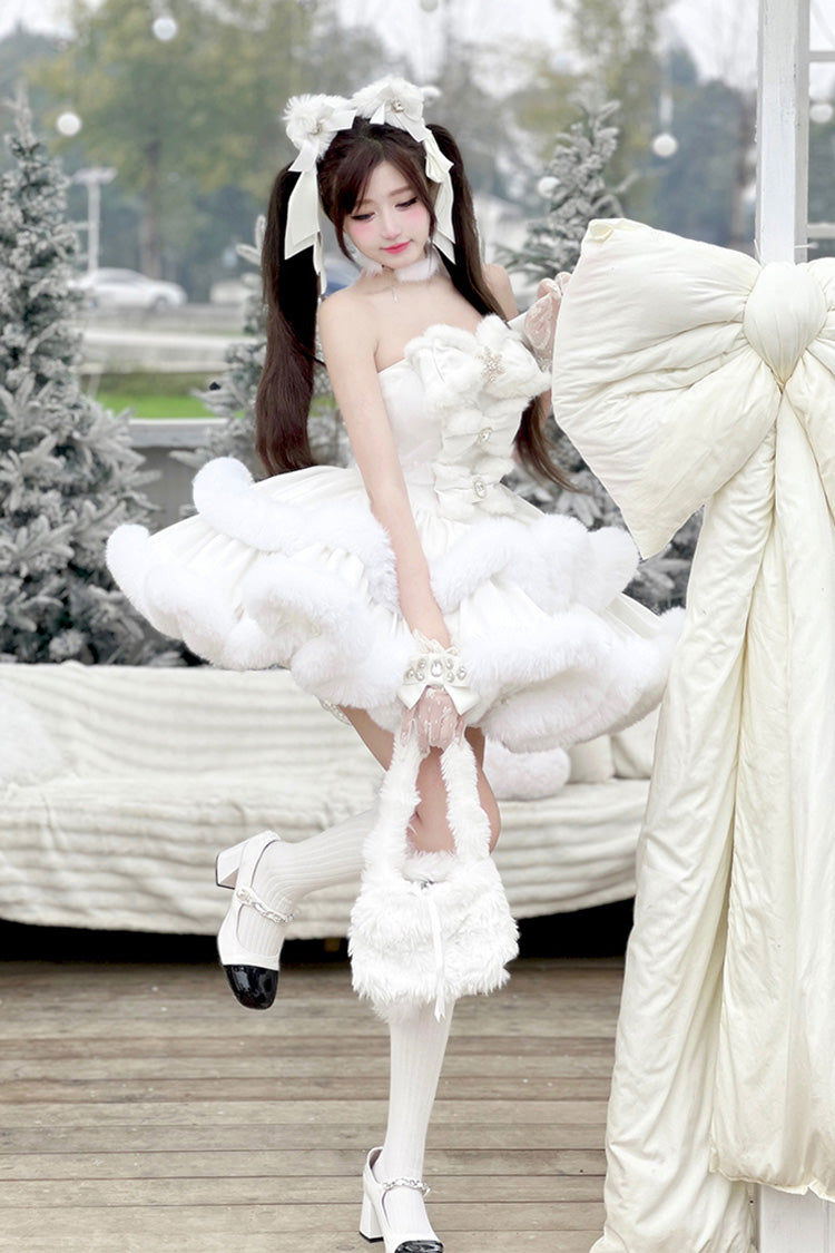 White Holiday Double-Layered Bowknot Sweet Princess Lolita Strapless Dress