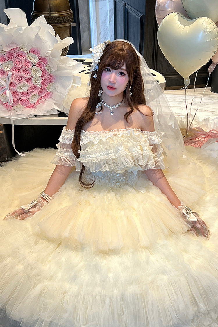 White Maiden's Love Off Shoulder Triple-Layered Ruffled Hanayome Bow Lace Sweet Princess Lolita Dress