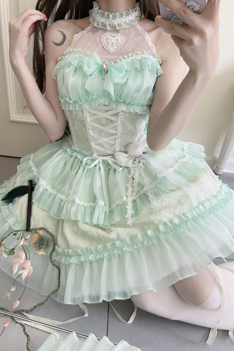 Green Halterneck Triple-Layered Bowknot Lace Sweet Lolita Jsk Dress