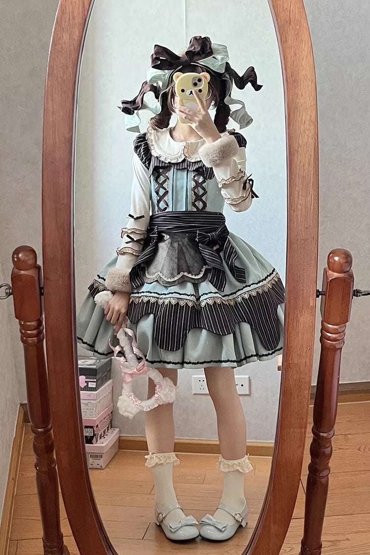 Strawberry and Mint Chocolate Double-Layered Printed Bow Lace-Up Irregular Sweet Lolita Dress 2 Colors