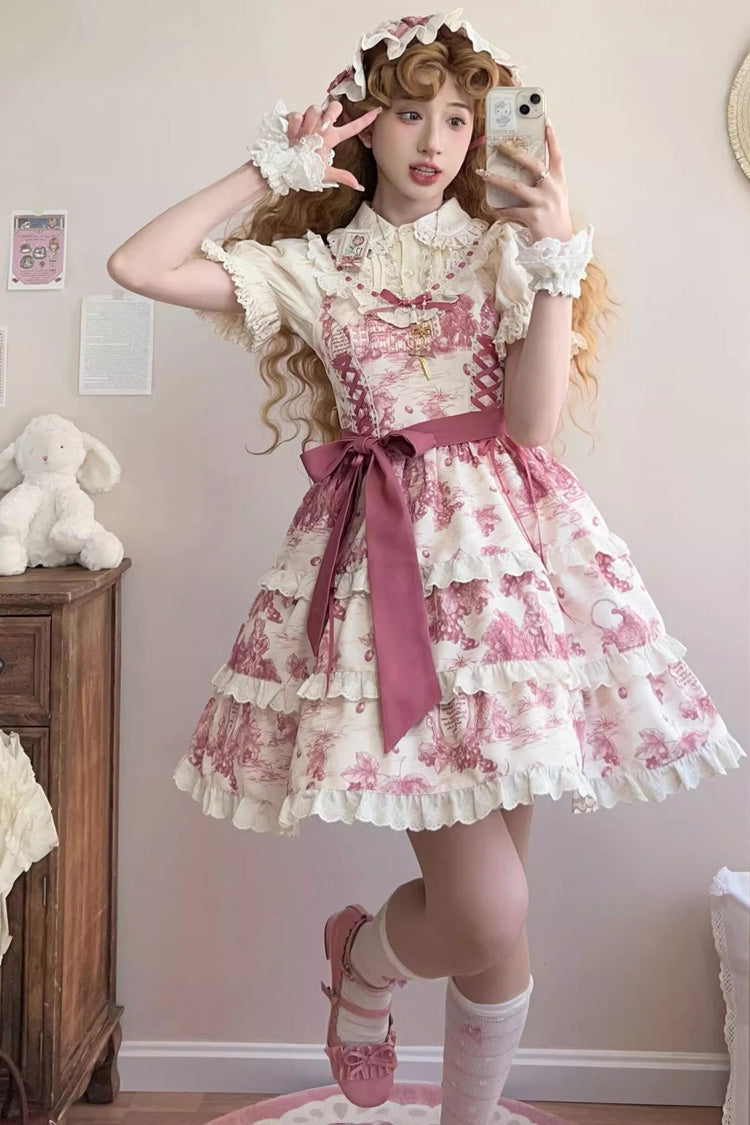 Rose Red Grape Moon Almanac Sleeveless Multi-Layered Printed Ruffled Bow Adjustable-Length Sweet Lolita Jsk Dress