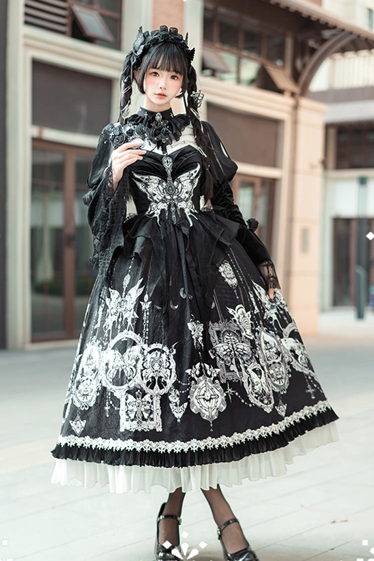 Black Feast of Bones Print Ruffle Bowknot Lace Gothic Elegant Lolita Long Dress