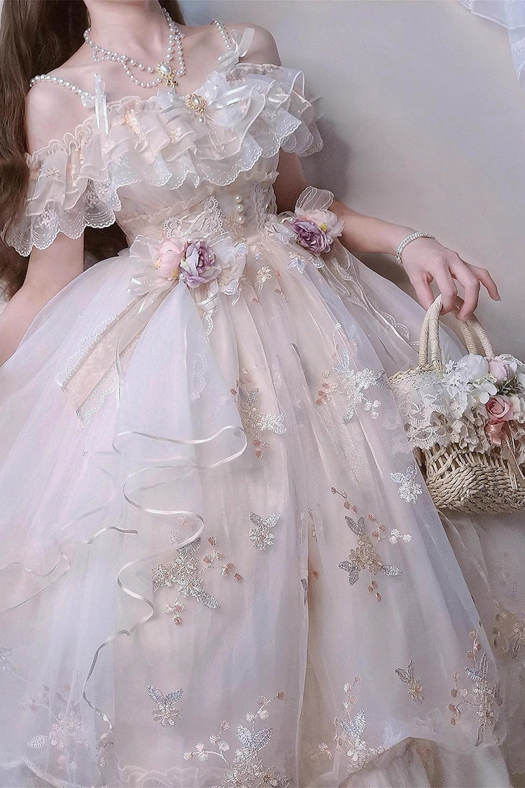 Ivory Flora Multi-Layered Ruffle Hanayome Embroidery Bowknot Sweet Lolita Jsk Dress