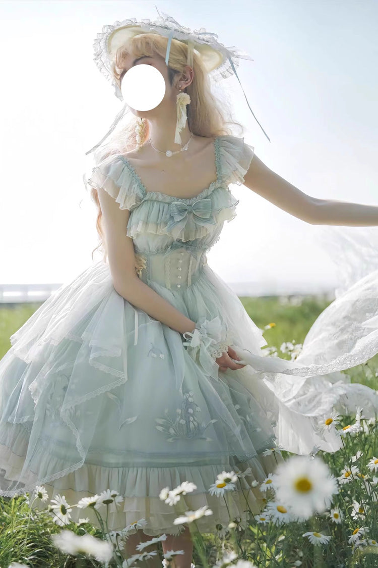 Light Green Love Is Coming Multi-layer Ruffle Embroidery Bowknot Sweet Princess Lolita Jsk Dress