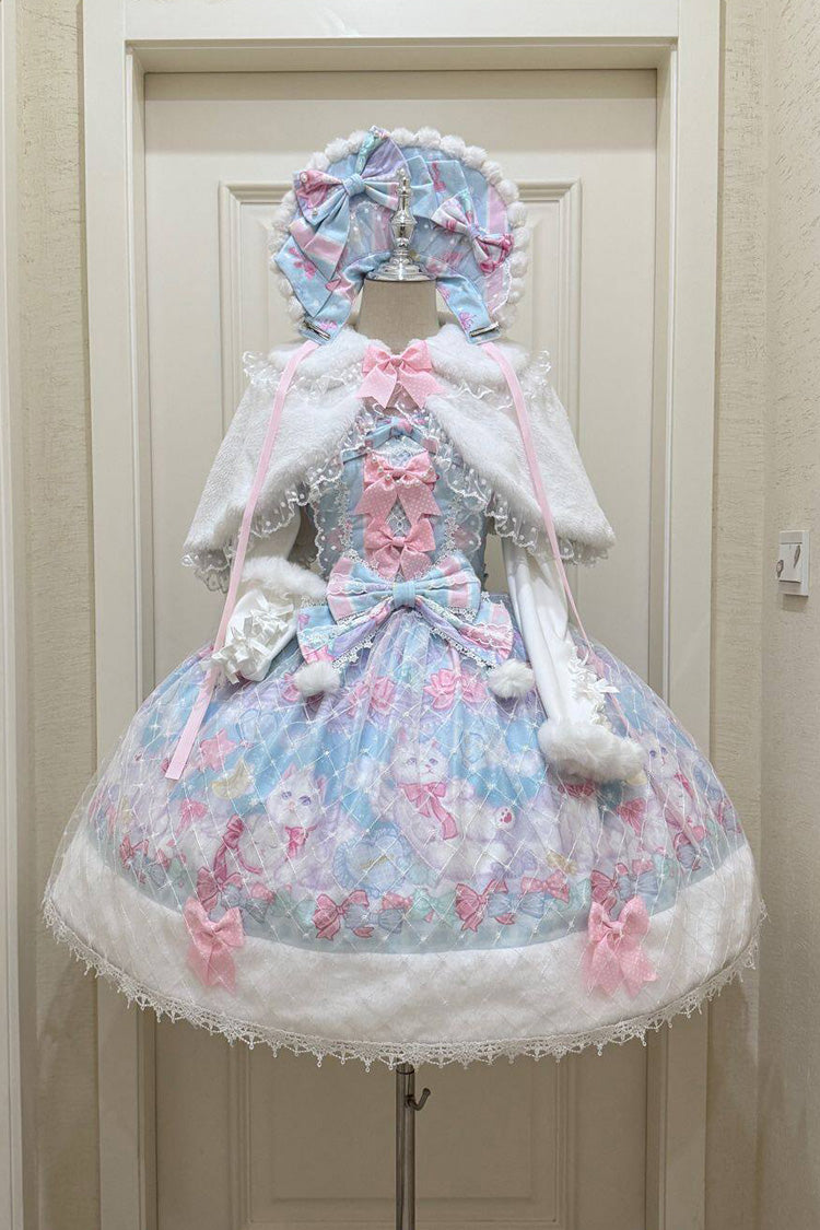 Light Blue Candy Mary Cat Printed Ruffled Embroidered Bow Lace Sweet Lolita Jsk Dress