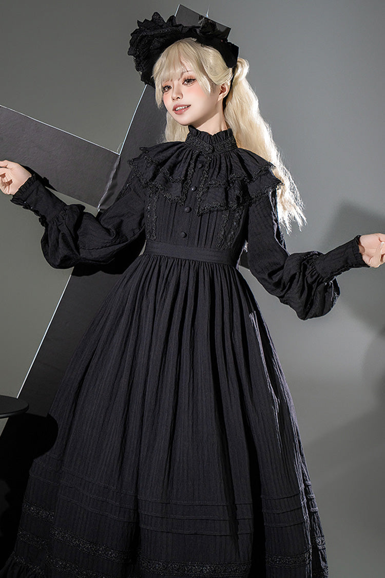 Black Quiet Place Long Sleeves Jacquard Ruffle Embroidery Bowknot Gothic Lolita Dress