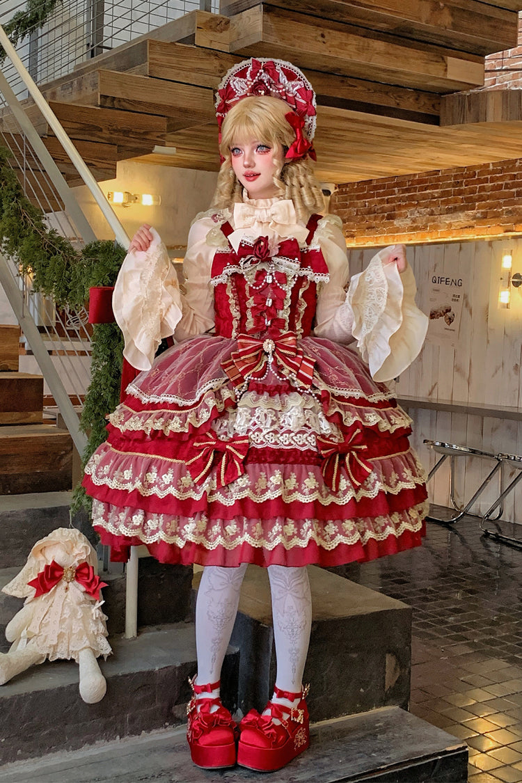 Red Crown of Gems Triple-Layered Ruffle Bowknot Lace Sweet Gorgeous Lolita Jsk Dress