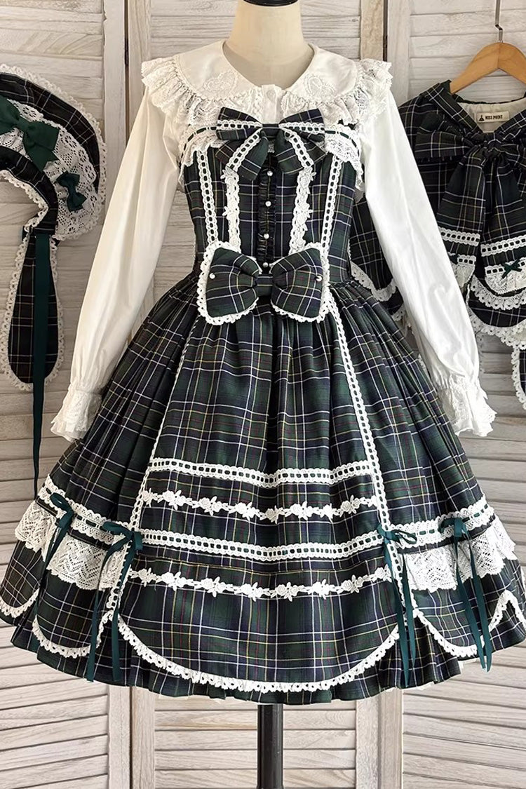 Green Gingham Petal Bunny Printed Ruffled Bow Sweet Lolita Jsk Dress