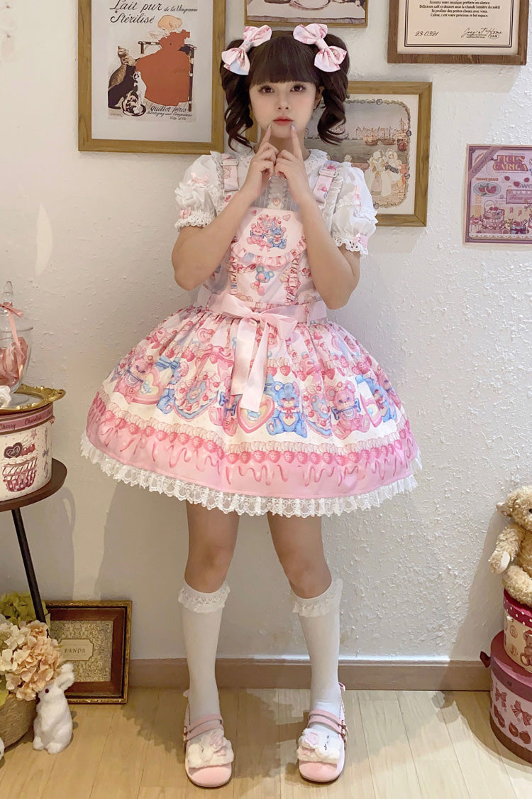 Milky Berry Bear Print Pink Bowknot Stitching Lace Sweet Lolita Strap Dress