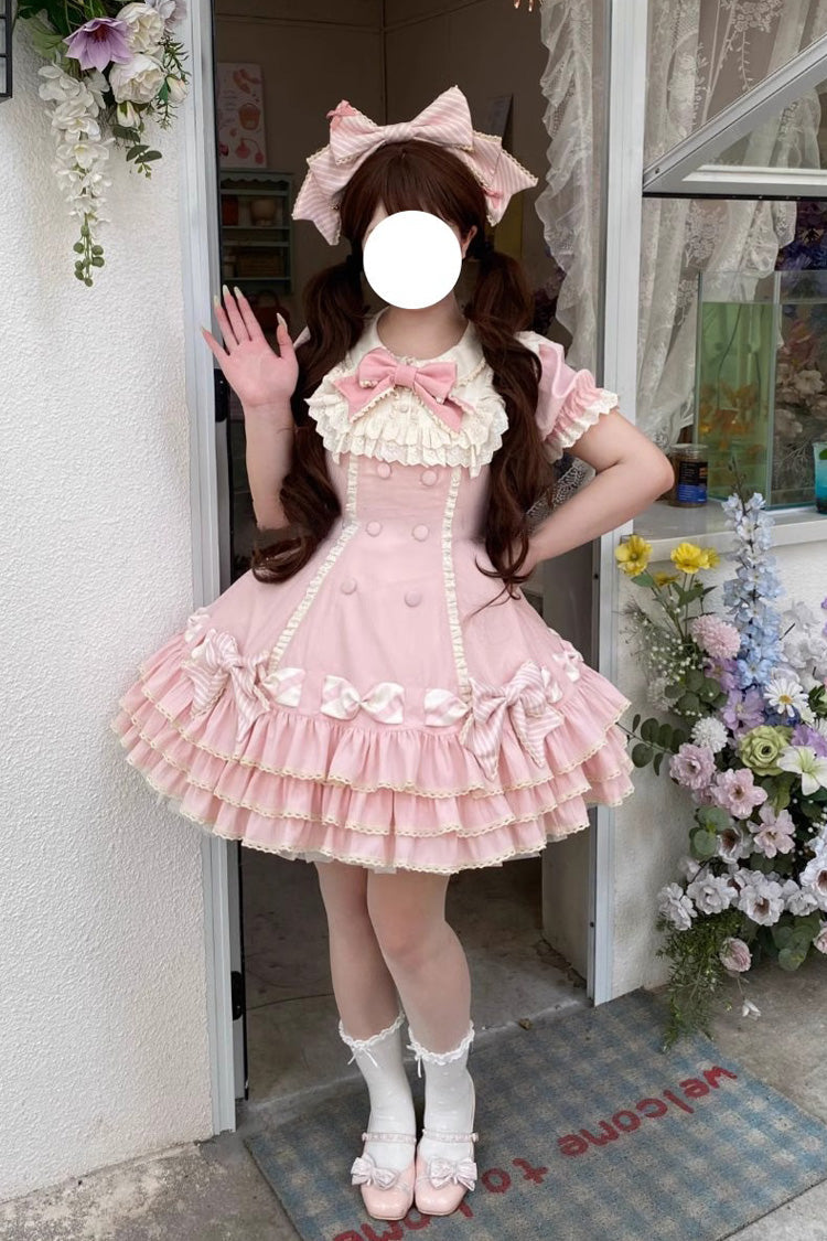 Pink Striped Layered Short Sleeves Multi-Layered Ruffle Bowknot Sweet Princess Lolita Tiered Dress