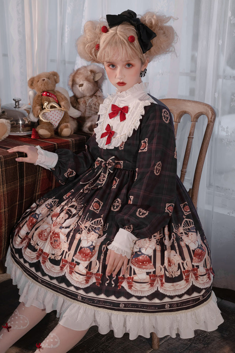 Doll Collar Lantern Long Sleeves Stitching Bear Paradise Print Ruffled Hanayome Sweet Lolita Op Dress