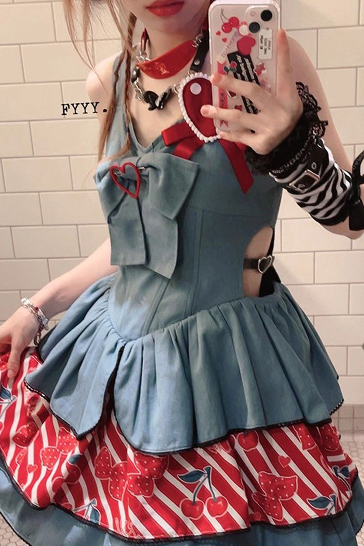 Blue Cherry Sleeveless Triple-Layered Print Ruffle Bowknot Denim Sweet Japanese Vintage Lolita Jsk Dress