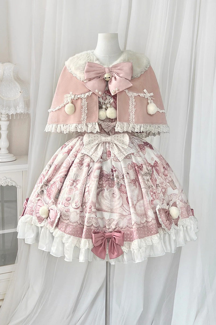 Pink Cat Dessert House Print Ruffle Bowknot Sweet Lolita Jsk Dress Set