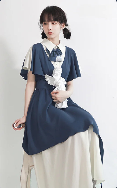 Artistic Bow Accented Layer Dress College Style Chiffon Summer and Autumn
